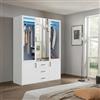 HFASD Armadio bianco con LED, armadio con specchio, armadio con ante girevoli, 2 ante in vetro, 2 ante, 3 cassetti, appendiabiti, armadio moderno per camera da letto, camera per bambini