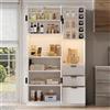ALVYNX Armadio alto, buffet, mobile da cucina, vetrinetta, credenza, con ripiani regolabili, 3 cassetti, scaffale per vino, illuminazione a LED e prese, 105 x 40 x 180 cm (bianco)