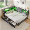 RXMORI Letto per ragazzi da 140 x 200 cm, con LED e stazione di ricarica, divano letto con 6 scomparti e 2 cassetti, letto da giorno con rete a doghe in metallo, senza materasso (grigio G