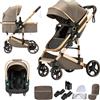 Shineey Passeggino trio, combinazione carrellino per bebè 3 in 1 passeggino cittadino con buggy pieghevole di lusso con carriola per bambini ad alta vista portatile con neonato (H9 BROWN, H9)