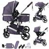 BEBBY Multifunzionale Carrozzina Passeggino Trio Combinazione Passeggino 3 in 1 Passeggino Ovetto Pieghevole Set Passeggino Neonato Sedili Zanzariere (H9-Purple+Silver, H9 Piegatura un tasto)