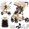 Shineey Passeggino trio, combinazione carrellino per bebè 3 in 1 passeggino cittadino con buggy pieghevole di lusso con carriola per bambini ad alta vista portatile con neonato (H9 BEIGE, H9)