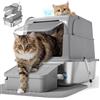Feandrea Lettiera per Gatti in Acciaio Inox con Coperchio, Lettiera Chiusa, 2 Ingressi, Paletta e Spazzola, Toilette per Gatti fino a 15 kg, Grigio Tortora PPT021G201
