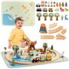 Mamabrum Trenino Legno Dino Park, Treno Giocattolo per Bambini, Pista Trenino Bambini 3 Anni con Tappeto Antiscivolo, Vulcano e Campanello, Gioco Educativo, Set Completo