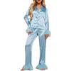 Generisch Pigiama da donna lungo con piume, in raso, biancheria da notte con bottoni, scollo a V, in due pezzi, camicia a maniche lunghe + pantaloni per il tempo libero