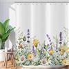 ASDCXZ Tenda da doccia con fiori 180x240 cm, primavera dipinta a mano, fiori viola, giallo, bianco, foglie verdi, bagno, tende da doccia lavabili in poliestere, tessuto impermeabile, tenda da bagno