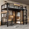PINGGO Letto a Castello in Ferro Nero e Naturale 90x200cm con Armadio, Scala, Scrivania e Scomparti Portaoggetti in Metallo e MDF, Senza Materasso