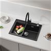 CECIPA max 60 x 45 cm Lavello Cucina Nero Quarzo Composito Pietra Artificiale Vasca Singola con Cestello e Dispenser Sapone Resistente al Calore Lavello in Pietra Sopratop con Sifone e Kit di Scarico Completo