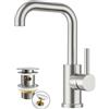 FORIOUS Rubinetto Bagno Girevole 360°, Miscelatore Lavabo | Altezza Bocca 195 mm, Miscelatore Alto Inox, con Scarico, Acqua Calda e Fredda, Acciaio Inox, Facile da Installare
