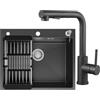 CECIPA 60x49 cm Lavello Nero 1 Vasca con L Rubinetto Cucina Estraibile | Lavandino Cucina Nero in Acciaio Inox, con Dispenser Sapone, per Mobile da 60cm