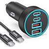 CREAPICO 90W Caricatore Auto USB C, 4 Porte USBC and USB-A Caricabatterie con Cavo | Accendisigari, Carica Batteria, Presa 12V, PD/QC Adattatore per iPhone 18 Pro Max Duo/17e/17/16/15, Galaxy S26/S25/S24