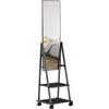 HOMCOM Specchio Verticale con 2 Ripiani e 4 Rotelle, 42x37x155 cm, Nero | Specchio da Terra, Ripiani Contenitori, in Acciaio e Truciolato
