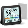 VOCOO Termometro Igrometro Digitale Interno Esterno, Stazione Meteo | Monitor temperatura e umidità con display LCD retroilluminato, orologio, data, memoria MAX/MIN e indicatore comfort