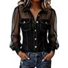 Generic Camicia di jeans da donna taglie forti camicia con bottoni a maniche a sbuffo trasparenti Camicia in denim Patchwork vestibilità regolare Camicetta in chambray trasparente Camicie eleganti stile