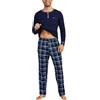 Litherday Pigiama Uomo Invernale Cotone Girocollo Henley Quadri Casa Lungo | Cotone elastan, maglia girocollo con taschino, pantaloni a quadri, tasche e coulisse per casa