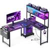 ODK Scrivania Gaming Angolare con LED 1 Presa Reversibile Scaffali 110x80cm | 1 presa di corrente integrata, design reversibile a L, illuminazione LED, borsa portaoggetti, Nero