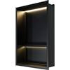 HPDTZ Nicchia da parete con illuminazione a LED, mensola in acciaio inox per bagno, ripiano profondo 10 cm, inserto doccia, scomparto con telaio, luce calda 4000 K (nero, 12 x 18 pollici)