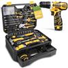 BLOSTM Valigetta attrezzi 248 pezzi con trapano a batteria da 12V (Giallo) | Trapano avvitatore a batteria da 12V, utensili manuali per fai-da-te, portautensili portatile con cassetto, cacciaviti, pinze