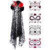 AEIOPRS Kit Día de los Muertos, 1 Cerchietto Velo Nero Rosso in Tulle con Rose e Teschio, 4 Adesivi Viso Scheletro, per Carnevale e Halloween