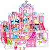 Skirfy Casa delle Bambole per Bambine,4 Piani con Luci,13 Stanze | 3 bambole, 7 set di mobili e accessori da montare e arredare per giochi di ruolo creativi dai 3 anni