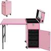 Ciounmb Valigetta cosmetica multifunzionale: 4 cassetti, alluminio, ripiani pieghevoli, ruote girevoli a 360°, ideale per parrucchieri e viaggi, rosa., Erweiterte Tischgröße: 57*38*68cm, Valigetta per trucchi