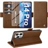 Giyer Cover per iPhone 14 Pro Custodia con Vetro Temperato, Premium PU Portafoglio Slot per Scheda RFID Antifurto Funzione Supporto Flip Case, Antiurto per iPhone 14 Pro 5G Cover (Marrone)