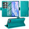 Giyer Cover per iPhone 16e Custodia con Vetro Temperato, Premium PU Portafoglio Slot per Scheda RFID Antifurto Funzione Supporto Flip Case, Antiurto per iPhone 16e 5G Cover (Cyan)