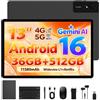 WOREGOO Tablet da 13 Pollici Android 16, 36GB RAM + 512GB ROM, Display FHD 2944x1840, Octa-Core, 4G LTE + WiFi 5G, Batteria 11580mAh/8+13MP/Widevine L1, con Tastiera e Stylus (Nero)