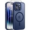 Qasyfanc Magnetica Cover per iPhone 14 Pro, Blu Scuro | Compatibile con MagSafe,con 2 Pezzi Vetro Temperato Pellicola, Cover Clear Slim Fit Antiurto Militare Antigiallo