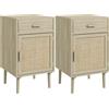 HOMCOM Set di 2 Comodini Cassetto Anta in Rattan Effetto Legno Naturale | per Camera da Letto, Stile Boho, Tavolini da Salotto