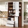 Henjda Armadio alto moderno con ripiani e cassetti regolabili, mobile da cucina con ripiani estraibili e ante in vetro, armadio buffet con ripiani aperti, 100 x 40 x 200 cm (bianco + noce)