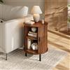 Kelodan Credenza, tavolino rotondo, 1 anta scorrevole, scanalature verticali in rilievo, maniglie nere, piedini in metallo nero, 1 ripiano intermedio, 2 ripiani, noce