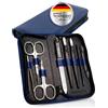 BERGWERK® Solingen - Set manicure in vera pelle, 8 pezzi, colore blu | Forbici per unghie, forbici per pelle, pinzette, lima, coltello per cuticole, pulitore per cuticole, 2 bastoncini per la cura