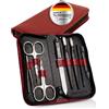 BERGWERK® Solingen - Set manicure in vera pelle, 8 pezzi, colore rosso | Forbici per unghie, forbici per pelle, pinzette, lima, coltello per cuticole, pulitore per cuticole, 2 bastoncini per la cura