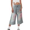 Générique Jeans Donna con Graffiti a Vita Alta Taglio Dritto Straight Jeans Baggy Gambe Larghe con Tasche Pantaloni Pantaloni in Denim Elastico Casual Y2K Vintage Streetwear