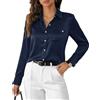 Odosalii Camicetta da donna in raso, elegante, scollo a V, con bottoni | Camicia a maniche lunghe, da lavoro, con tasca