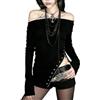 Juankrynord Top da donna Y2K gotico con spalle scoperte e maniche lunghe, maglia a coste con spacco laterale e borchie, orlo asimmetrico, streetwear
