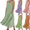 Generic Abito estivo da donna, scollo a U, senza maniche, maxi abito con tasche, in cotone, estivo, in lino, casual, elegante, bohémien, da spiaggia, da donna, casual