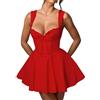 Dubute Abito da donna a corsetto in tinta unita, con spalline sottili, taglio basso, in pizzo, abito corto con volant, estivo