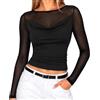 HAWILAND Maglia a maniche lunghe da donna, a cascata, in rete, trasparente