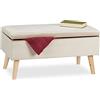 Relaxdays Panca Contenitore, 40x41x80 cm, 40L, Seduta Imbottita, Gambe in Legno, Pouf Cassapanca, 2 Posti Comodi, Crema