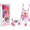 Teorema Gioattoli, BABY TEO - Carrozzina per bambole leggera con Bebè Interattivo 5 Suoni e Versetti, Playset per Gioco e Role Play Bambine, Passeggino Pieghevole Altezza 55 cm