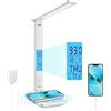 LAOPAO Lampada da Scrivania con Ricarica Wireless, Porta USB & Sveglia Funzione | Display di Ora Data Temperatura, 3 Colori & 5 Luminosità, 45 Mins Auto-off, Ideale per Casa Ufficio Studio Lettura Lavoro