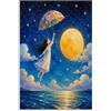 H3B8U2Y5 Ragazza con ombrello floreale Quadro su Tela 20x30in | Oceano illuminato dalla luna, Stampa su Tela Studio, Dettaglio Floreale, Ufficio, Stile Acquerello Botanico, 20x30in