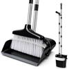Best House Another Fine Product Best House - Set di scopa e paletta con manico lungo e spazzola con denti a pettine, paletta verticale e spazzola per spazzare, per casa, cucina, stanza, ufficio, pavimento della hall (grigio e nero)
