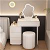 GUQASDV Vanity Desk for Makeup, Consolle Trucco Piccolo, Toeletta da Trucco con Sgabello, Scrivania per Trucco con Specchio e Luci Bianco Legno Massello Facile da Installare(Round Stool,60x40x76cm)