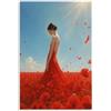 H3B8U2Y5 Donna in abito rosso Quadro su Tela 20x30in Accento Soggiorno | Campo di fiori di papavero, Stampa su Tela Soggiorno, Dettaglio Floreale, Angolo Lettura, Stile Acquerello Botanico, 20x30in