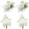 Pushiibee Set da 4 Pezzi con Fiori all'Occhiello, Bouquet da Polso in Bianco, Boutonniere di Rose e Rose da Polso in Raso e Plastica per Sposa e Sposo a Matrimoni Balli e Feste