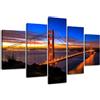 Visario Quadro su Tela 5 Pezzi XXL 160x80 cm 5512 - Golden Gate Bridge - San Francisco nella Luce della Sera - Set Quadri Murali già Montato su Telaio in Legno