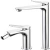 Inbagno Set Miscelatori Bagno In Ottone Cromato: Lavabo Alto Per Lavabo Da Appoggio E Bidet Monocomando Con 2 Pilette - Linea Sound